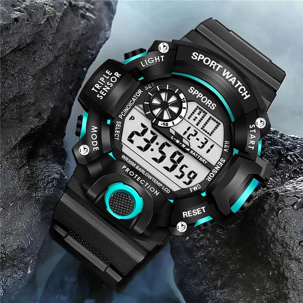 Reloj de pulsera deportivo electrónico de moda para hombre, esfera grande multifuncional impermeable, alarma luminosa, reloj militar para niños y hombres