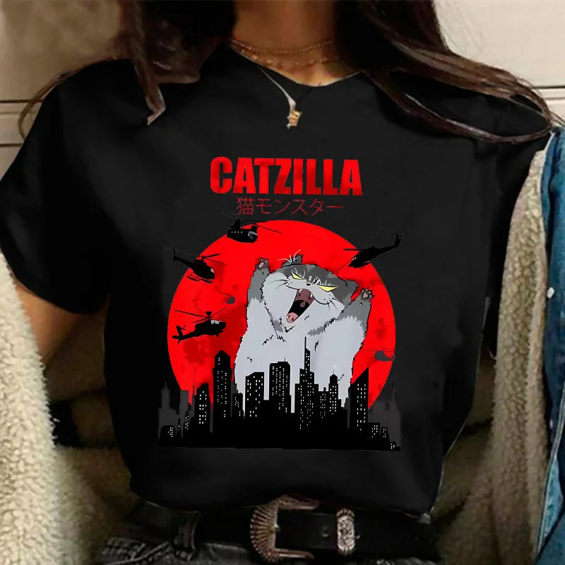 Camiseta gráfica de los 90, divertida y mona, con un gato de arte japonés para amantes de los gatos, camisetas gráficas, ropa de mujer, moda