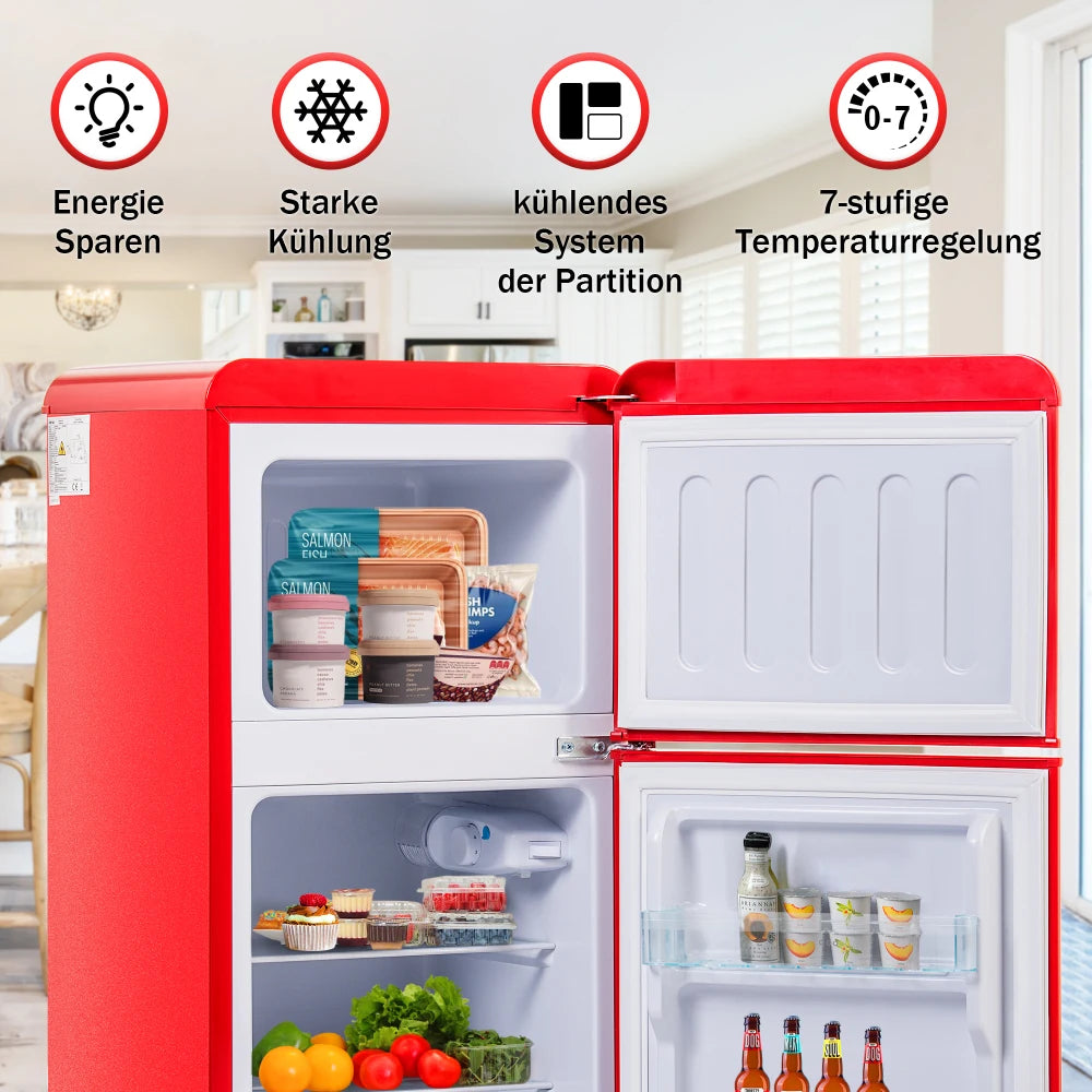 Combinaison réfrigérateur-congélateur rétro 45,5 cm de large, 2 portes 60 litres de volume total, volume de congélateur 22 litres. 102 KWh/année,