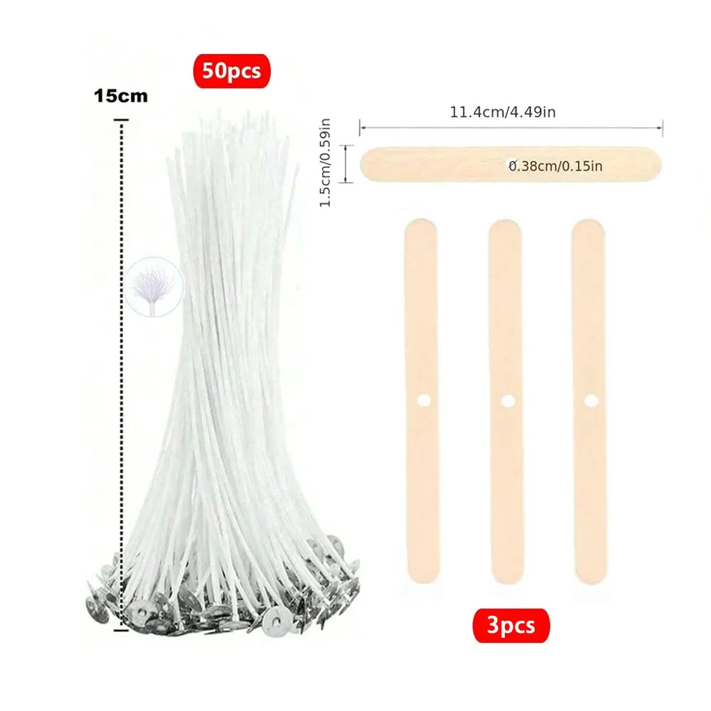 Juego de mechas de vela de algodón encerado con soporte, mechas de vela originales sin humo, núcleo de advertencia de aceite de soja, marco tejido, 53 piezas