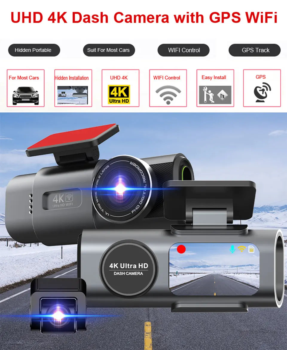 4K UHD Car Dash Cam, Night Vision DVR Video Recorder, Built-in Wi-Fi, 24H Parking GPS Support