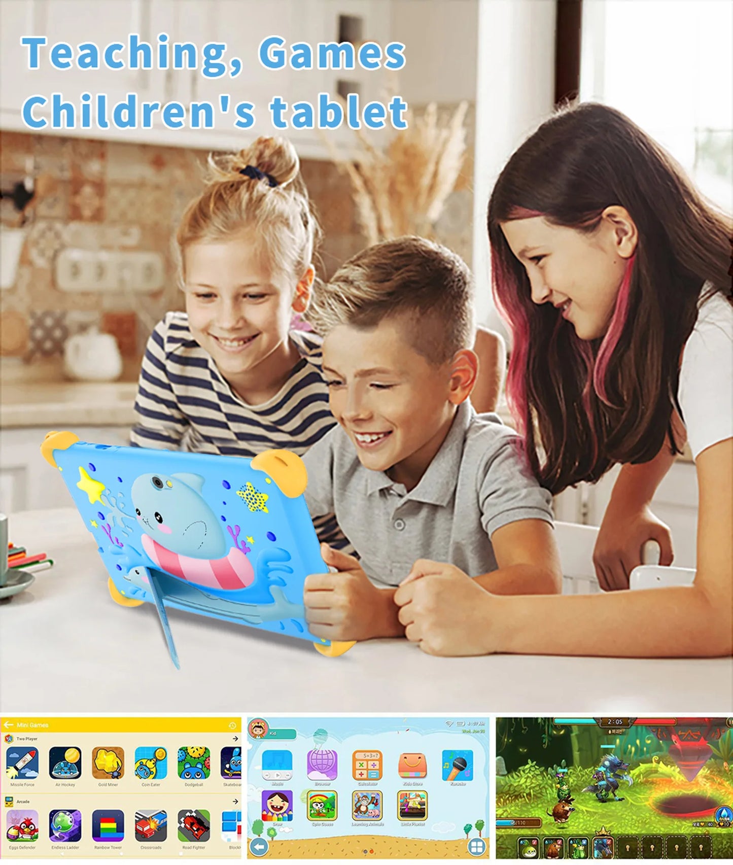 Tableta infantil de 7 pulgadas 5G con diseño de dibujos animados, PC de aprendizaje y educación Android con funda a prueba de niños, tableta de 4000 mAh