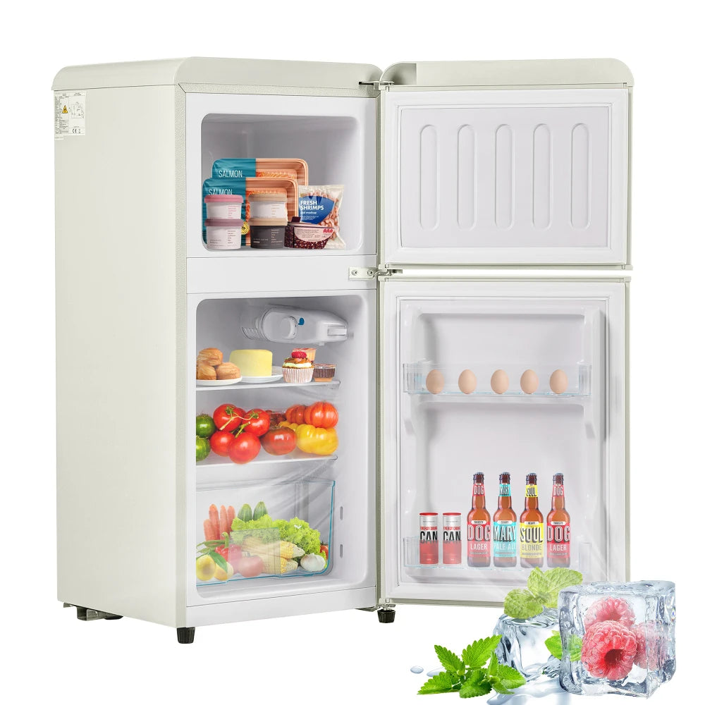 Combinaison réfrigérateur-congélateur rétro 45,5 cm de large, 2 portes 60 litres de volume total, volume de congélateur 22 litres. 102 KWh/année,