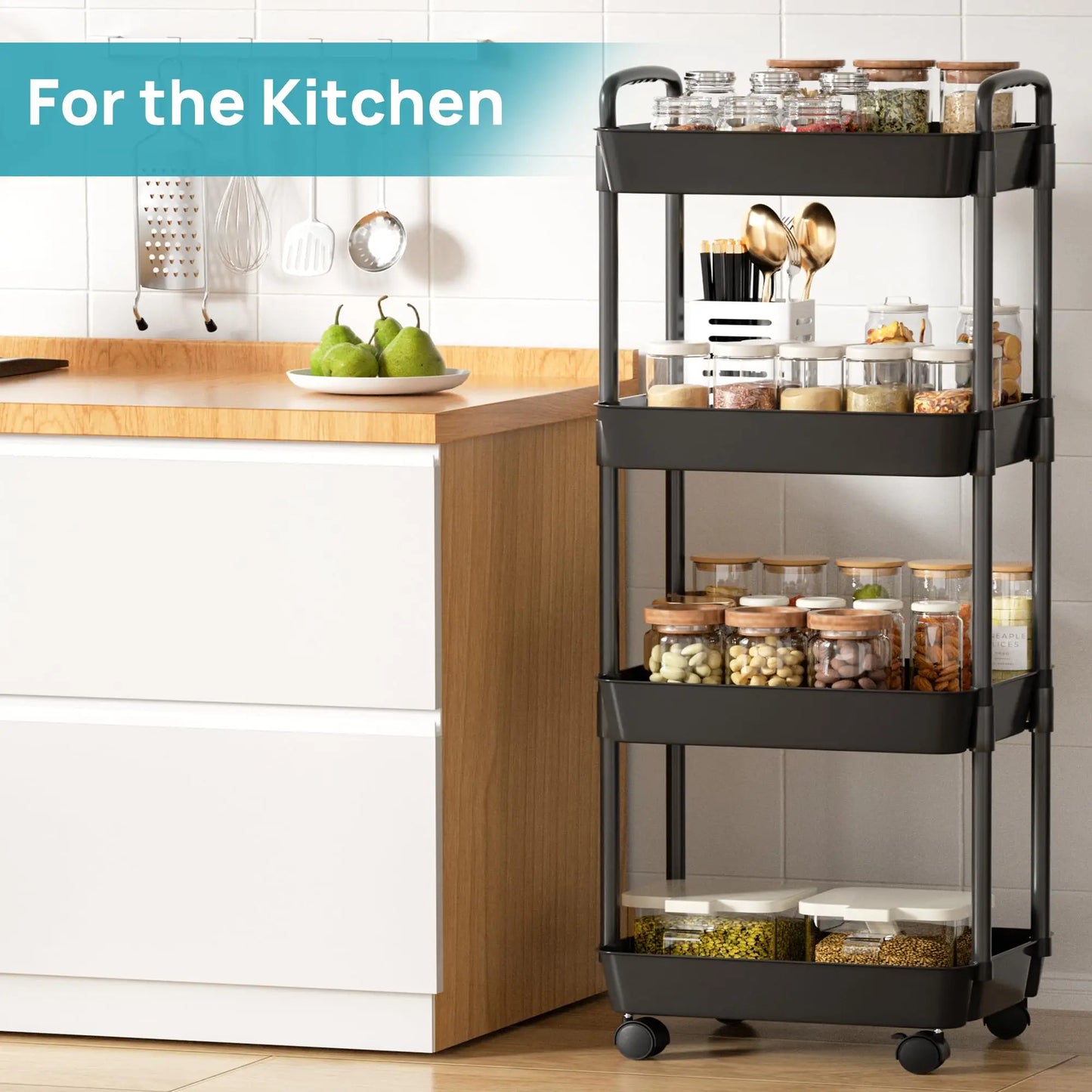 Plastic Rolling Utility Cart with Handle, Storage Cart for Office, Living Room, Kitchen, Mobile Storage Assessment with Wheel