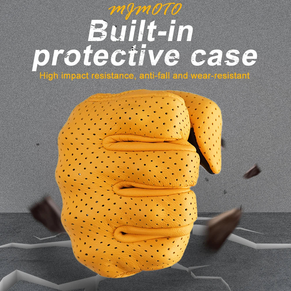 Gants de Moto Rétro en Cuir Jaune pour Homme et Femme, Accessoire Perforé et Respirant pour Course de Vélo, Écran Tactile, Motocross