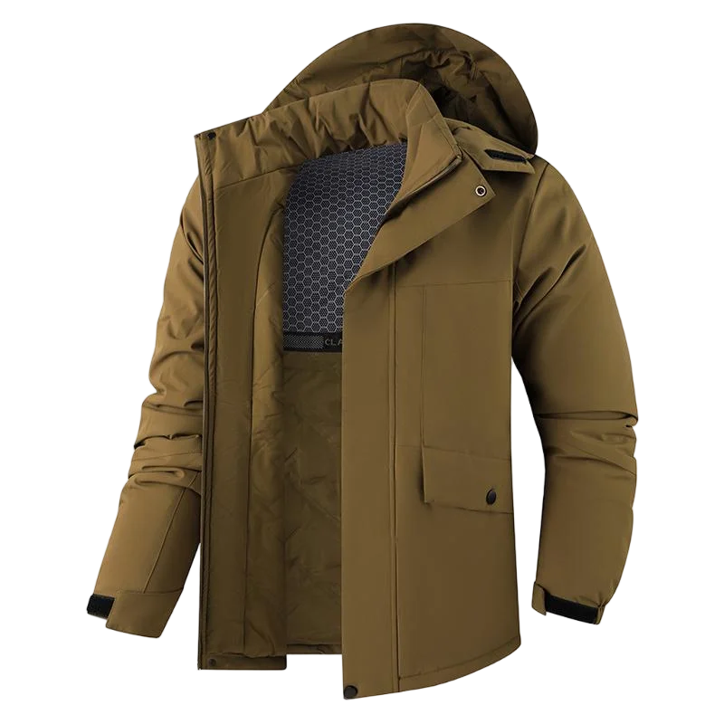 Men's thick waterproof winter jacket, windproof, detachable hood, multi-pockets, work windbreaker, Safari