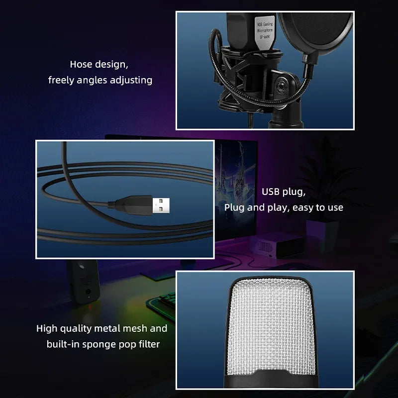 Microphone USB RGB à condensateur avec réduction de bruit – Micro gaming pour podcast et studio