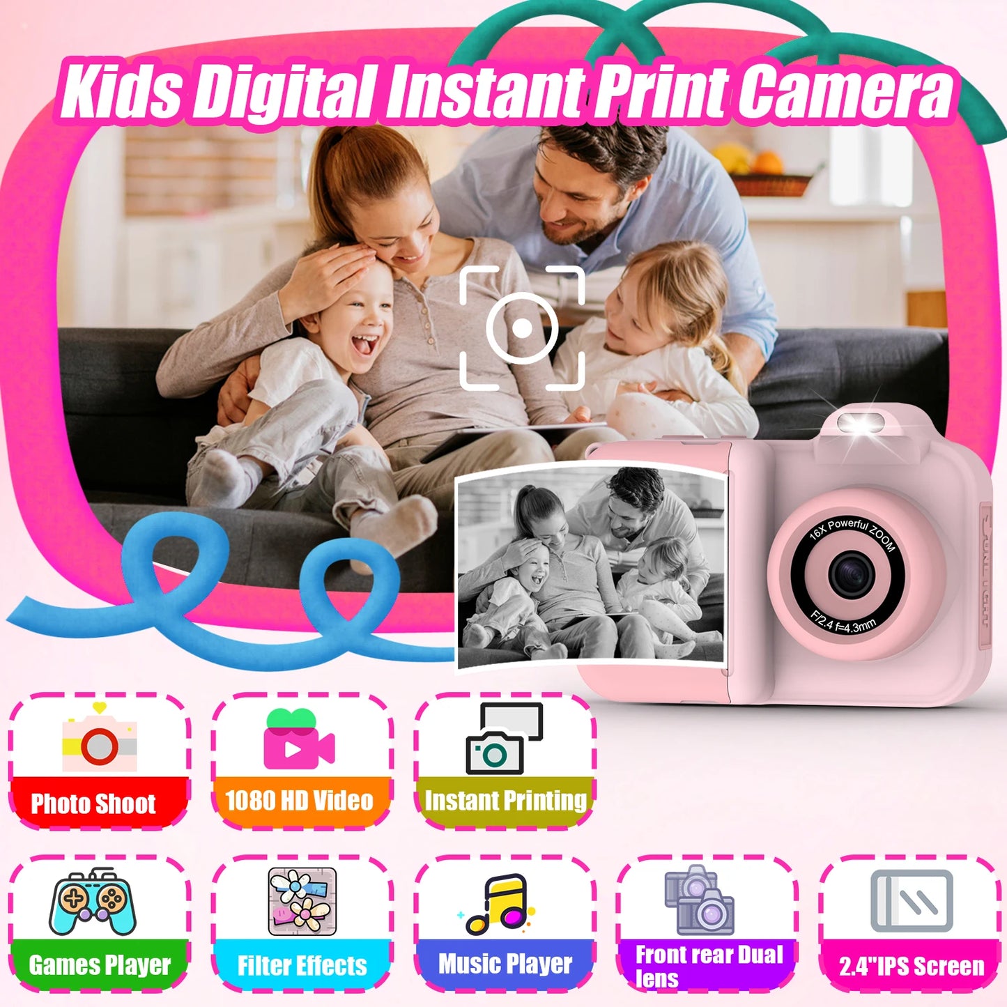 Cámara digital para niños, impresión instantánea, doble lente, grabación de video HD 1080P, 32G, para niños y niñas, regalos de Navidad, juguetes