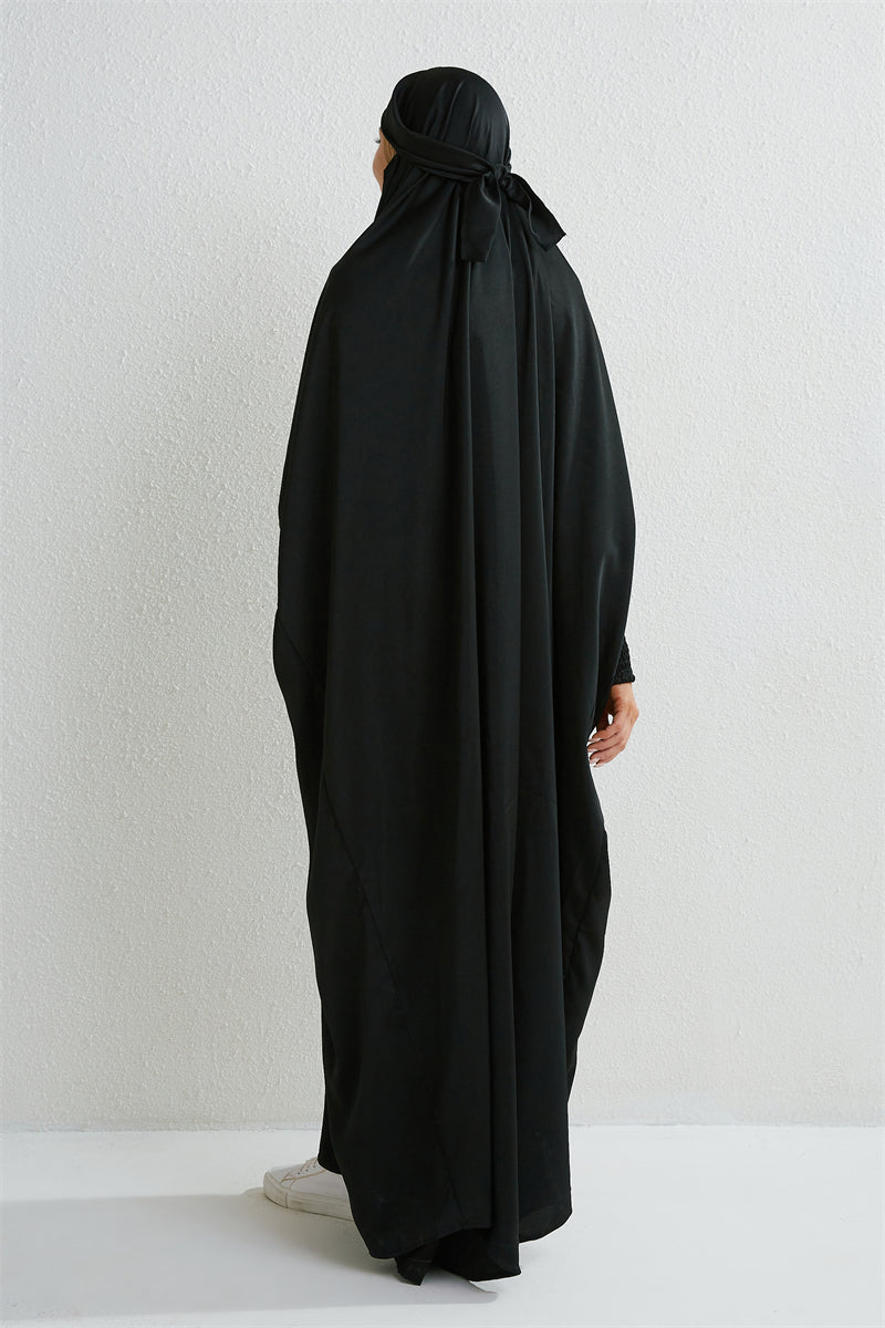 Abaya musulman à capuche manches smockées une pièce Robe de prière femmes Jilbab vêtements islamiques dubaï saoudien Robe noire modestie turque