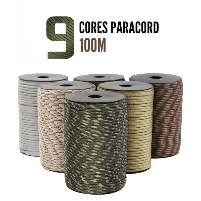Cordon de parachute militaire standard 550 de 100M/50M, 9 brins, 4mm, pour survie en extérieur, tente et sangle de fixation