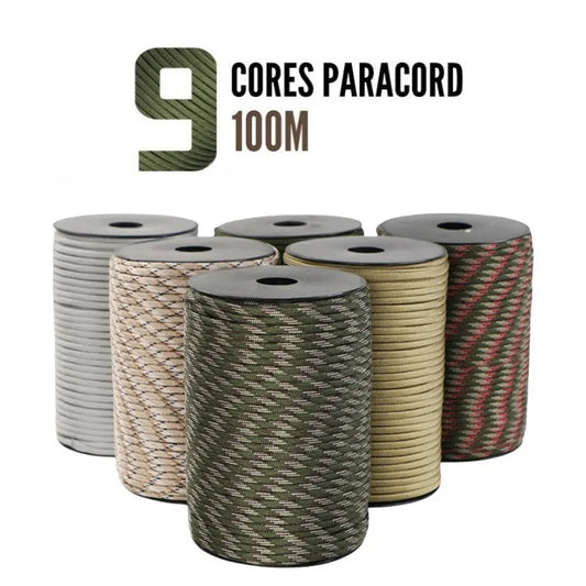 Cordon de parachute militaire standard 550 de 100M/50M, 9 brins, 4mm, pour survie en extérieur, tente et sangle de fixation
