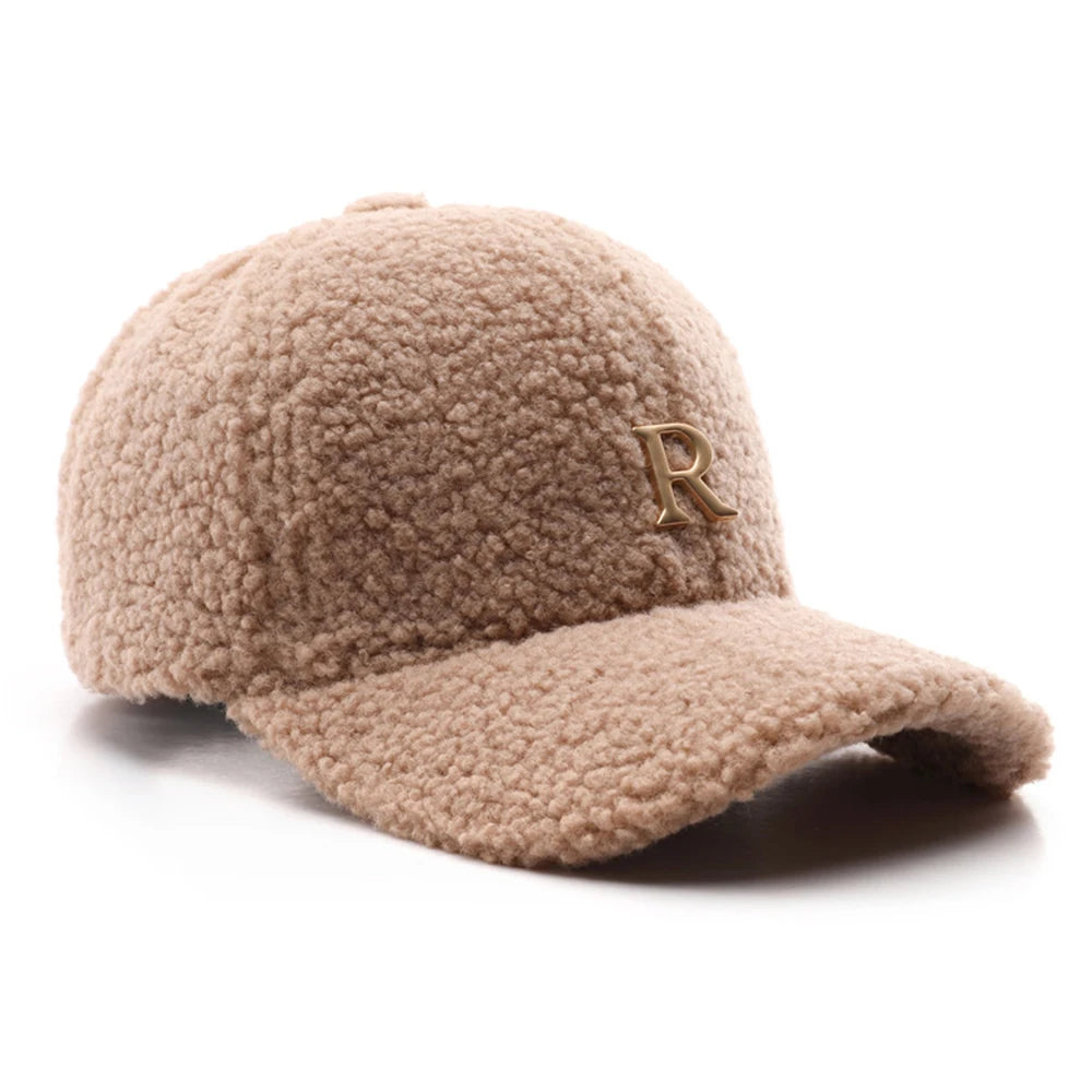 Casquette de baseball en laine d'agneau verte — lettres dorées, trucker, hiver, femme et homme