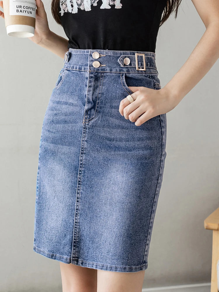 Otoño 2025 talla grande falda para mujer cintura alta talla grande abertura negro o azul denim faldas moda coreana delgada falda femenina