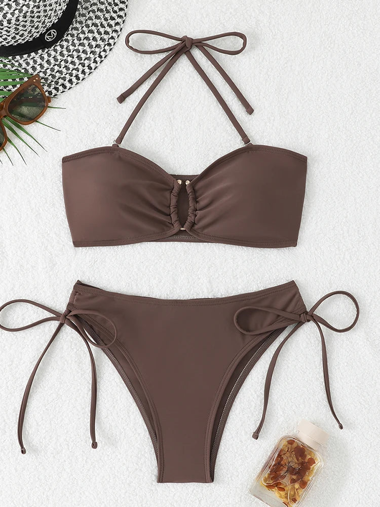 Maillot de bain bikini taille haute pour femme 2026, maillots de bain noués, maillots de bain femme, bandeau push-up, ensembles de bikinis, vêtements de plage brésiliens
