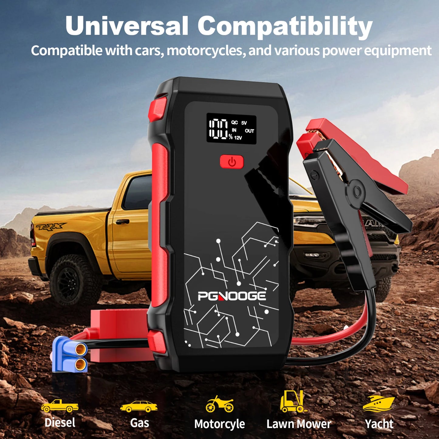 PGNOOGE 26800mAh 6000A de Crête Démarreur de Batterie, Booster de Batterie pour Tous les Moteurs Essence et 10L Diesel, 12V Batterie Voiture avec Lampe Torche, Affichage LED, Charge Rapide USB