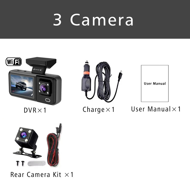 Dashcam 3 Canaux WiFi HD 1080P — Cabine Véhicule DVR Triple Voie Enregistreur