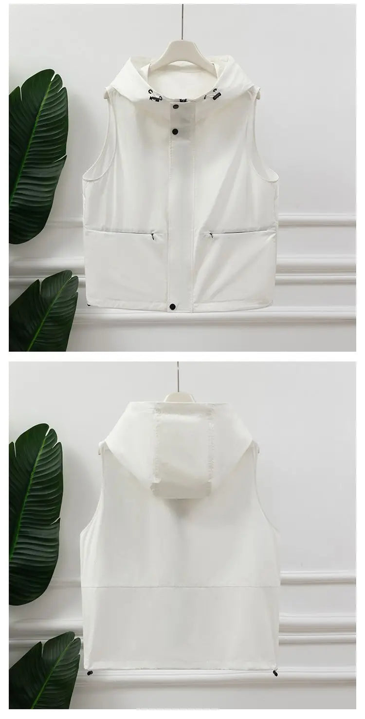 Chaleco utilitario sin mangas con capucha para mujer, gris claro, cremallera frontal, cordón, bolsillo en la cintura, chaleco informal para exteriores