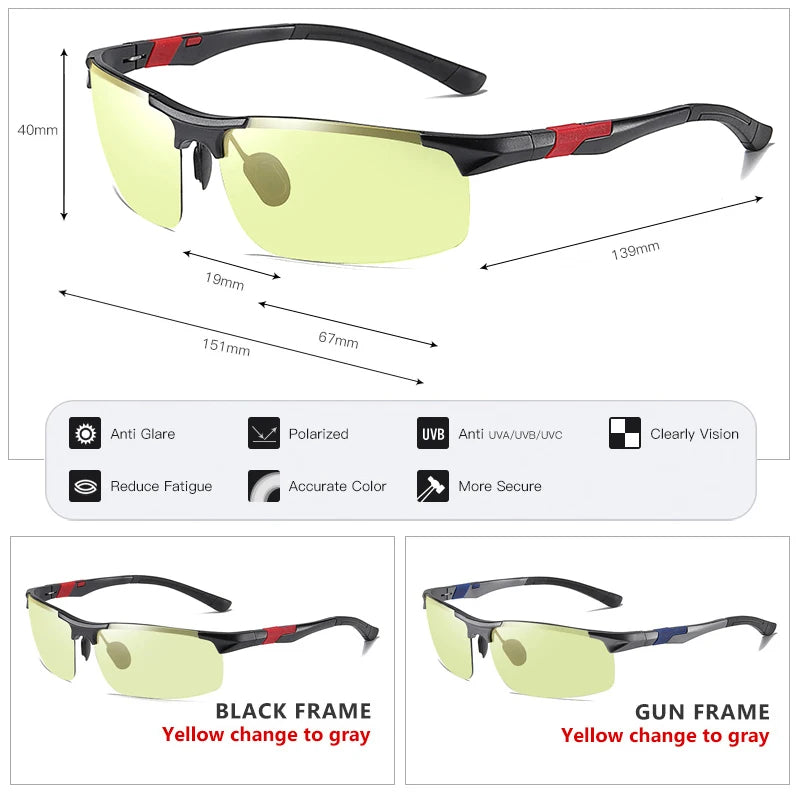 Lunettes de soleil photochromiques sans monture aluminium polarisées — conduite jour et nuit