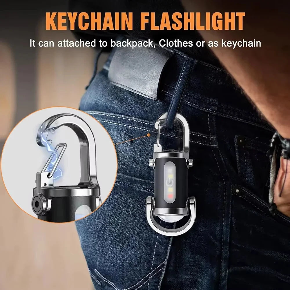 Mini lampe de poche porte-clés Rechargeable, lampe de travail COB, crochet extérieur, voyant d'avertissement d'urgence pour Camping, marche, randonnée