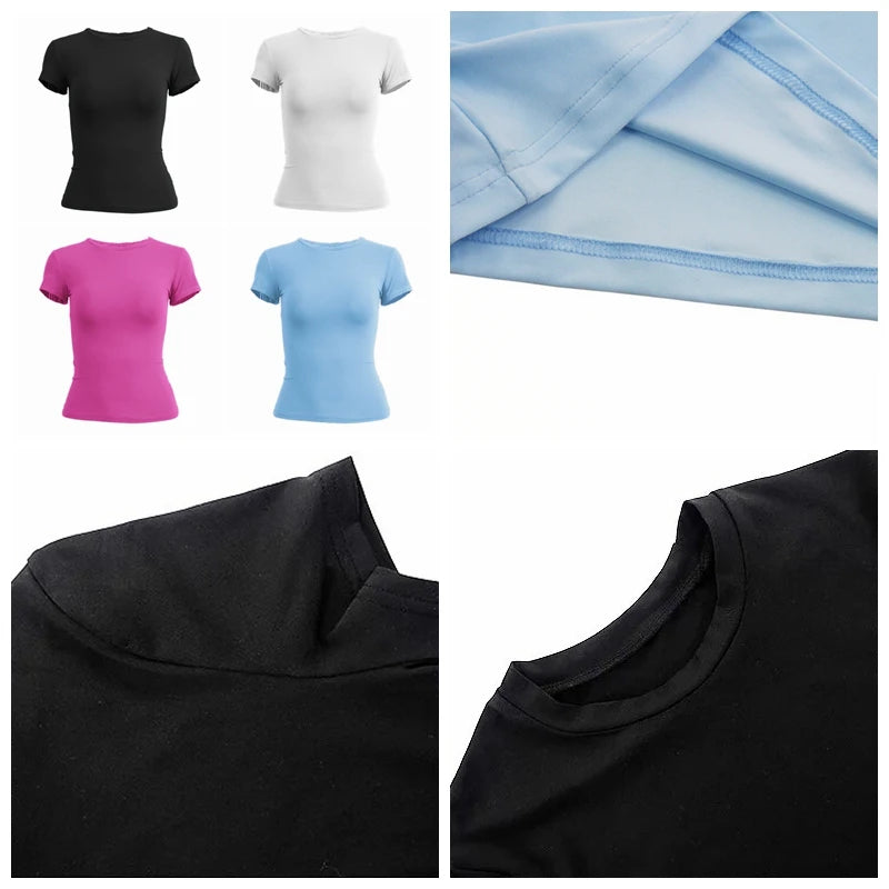 Mujer Ropa Camiseta de manga corta Top ajustado para mujer Cuello redondo Tejido Camiseta de tubo Ropa de calle Sexy deportivo 2024 Y2K Nuevo2410