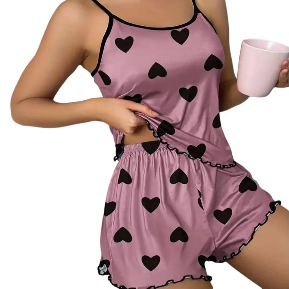 Conjunto de pijama para mujer, camisetas y pantalones cortos, camiseta rosa con estampado de corazón, cuello redondo, top de seda helada, cómodo e informal, verano