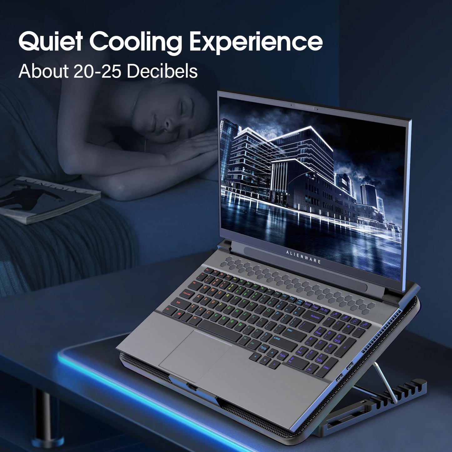 Coolcold 15.6-17.3 pouces coussin de refroidissement pour ordinateur portable avec 6 ventilateurs silencieux, 7 hauteurs vitesse du vent réglable, ordinateur portable Cooer avec support pour téléphone portable