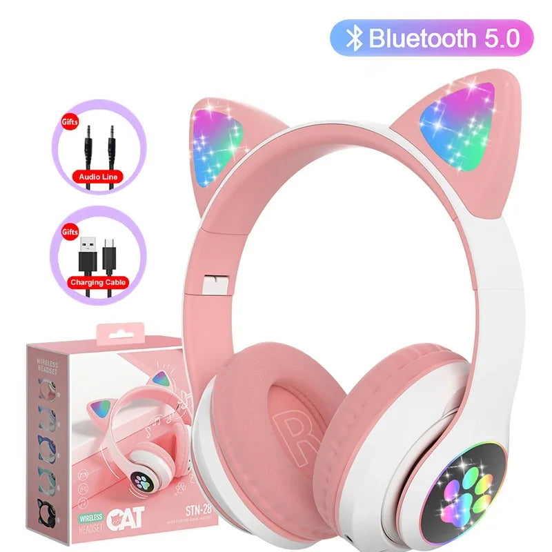 Auriculares estéreo Bluetooth 5.0 con orejas de gato y luz LED, compatibles con tarjeta TF y micrófono, inalámbricos, para niños y niñas, regalo de cumpleaños