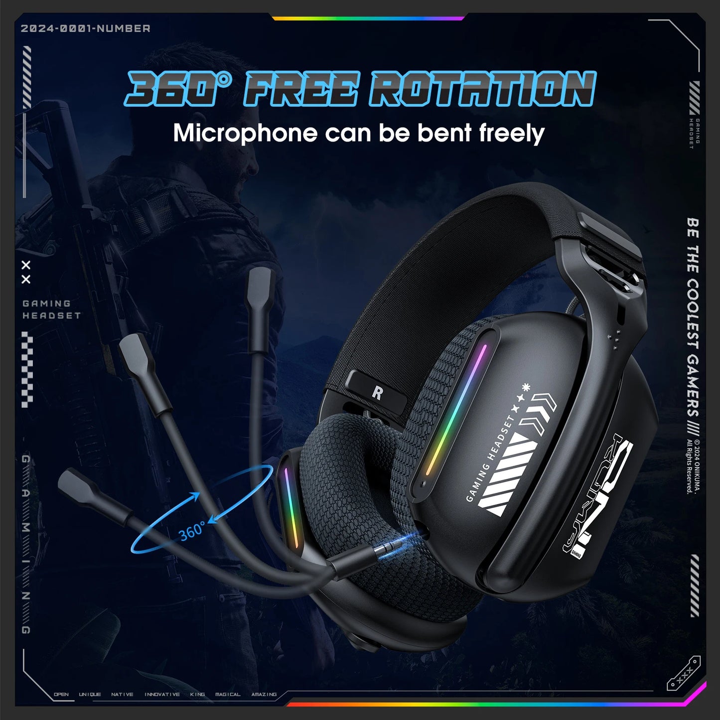 Onikuma Gt808 Three-Mode Wireless E-sports Gaming Headset with Microphone, RGB Lighting, Supports Bluetooth 5.3 / 2.4g / Aux 3.5mm