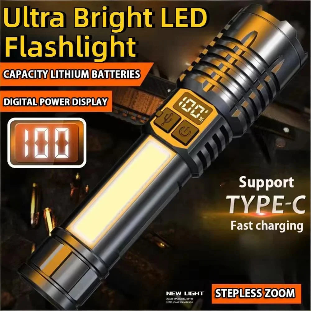High Power LED Flashlight, Type-C Rechargeable Waterproof Torch with COB Side Light, Portable Zoom Outdoor Lamp for Camping and Hiking