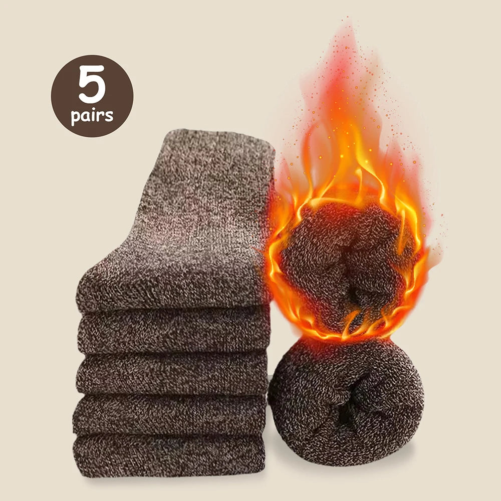 3/5 paires de chaussettes chaudes pour hommes, chaussettes épaisses en tissu éponge mi-mollet, chaussettes anti-froid pour bottes de neige, élastiques, couleur unie