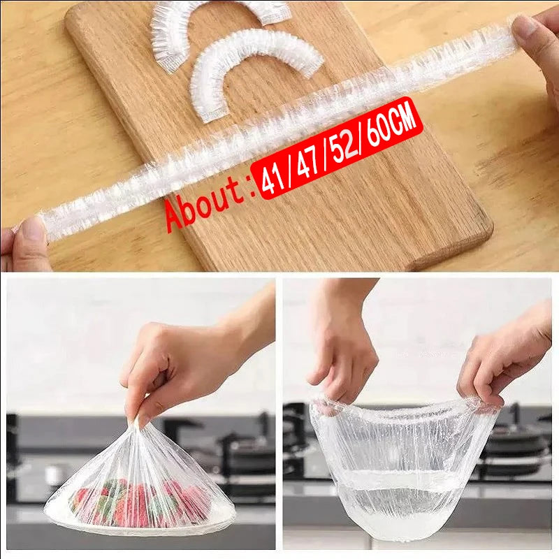 Tapa de comida desechable, 50 unidades, embalaje de plástico, bolsas de plástico para frutas y verduras de grado alimenticio, bolsas de plástico elásticas, organizador de cocina