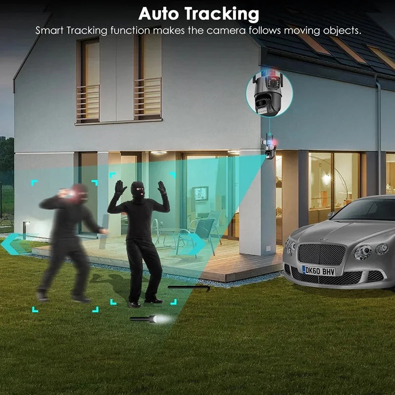 Cámara exterior Wifi PTZ 4K 8MP HD Doble lente Doble pantalla AI Seguimiento automático 4MP Videovigilancia Alarma de luz de policía iCSee