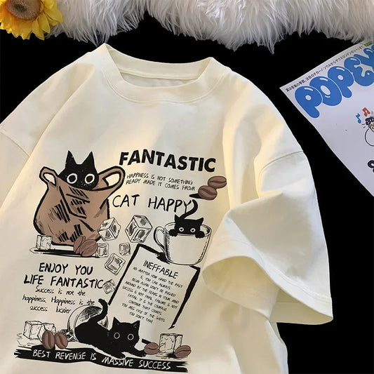 T-Shirt Groupe Chats Dessin Animé Couple — Surdimensionné Version Coréenne
