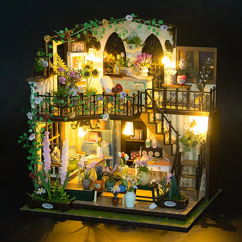 Casa de muñecas de madera, modelo de jardín, puzle 3D, kits de construcción para montar, juguetes, decoración de dormitorio con luces LED, regalo para casa de muñecas, bricolaje