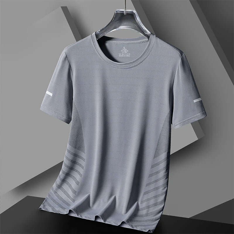 Men's Short Sleeve Running T-Shirt, Thin Ice Silk Top, Reflective Print, Quick Dry, Breathable, Fitness, Sport, 5XL