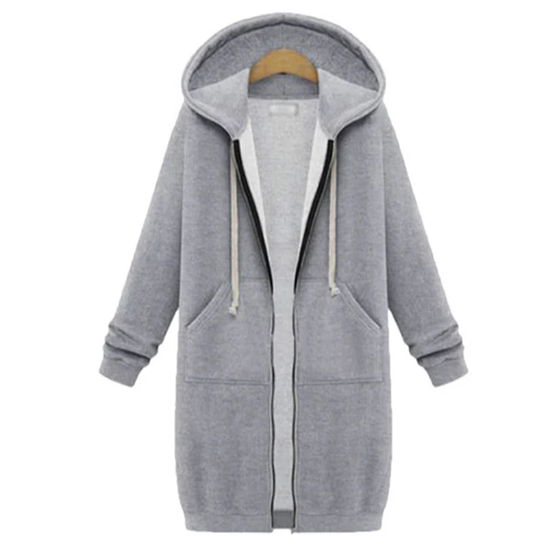 Women's Thick Hooded Parka, Loose Jacket with Zipper, Pockets, Maxi Length, Sporty Dress, Outerwear, Autumn Winter 2024