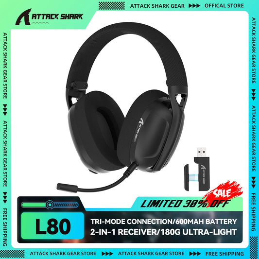 ATTACK SHARK L80 – Casque gaming ultra-léger 180g, Bluetooth/2.4G/filaire, son stéréo 5.1 canaux
