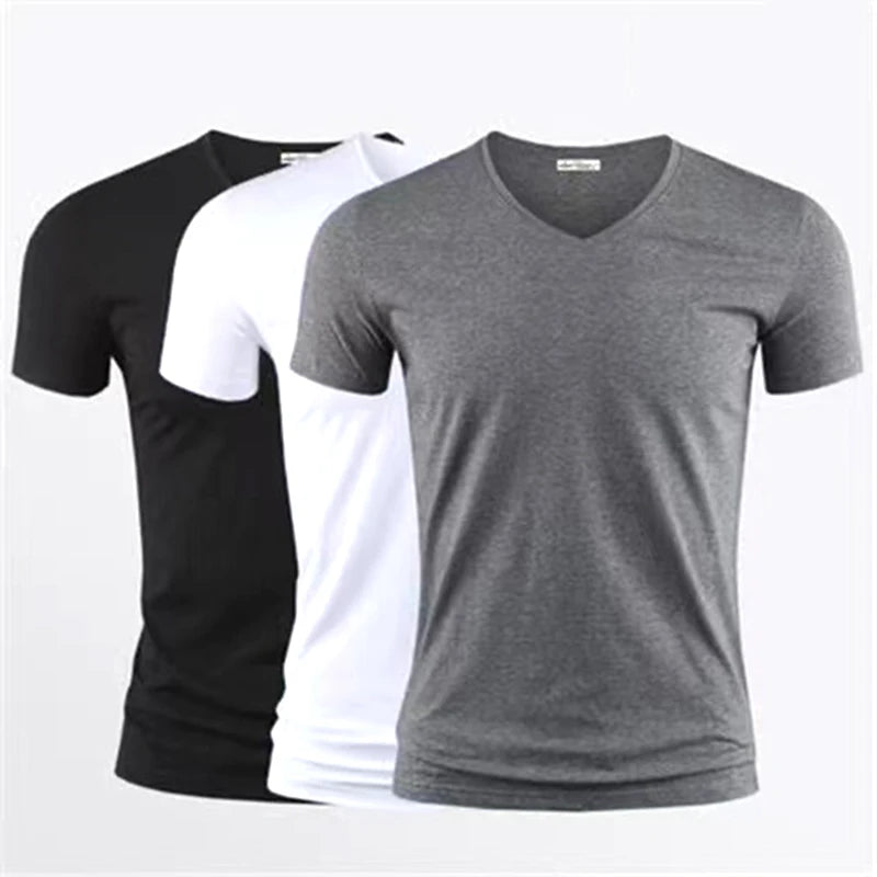 2026 hommes T-Shirt couleur Pure col en V à manches courtes hauts T-Shirts hommes T-Shirt collants noirs homme T-Shirts Fitness pour vêtements masculins