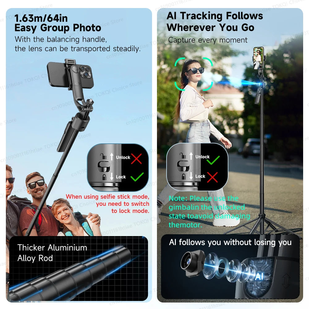 TOKQI C17 – Trépied selfie 360° avec suivi IA automatique, télécommande et lumière de remplissage