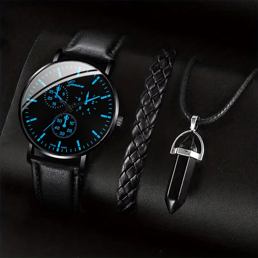 Ensemble Montre Bracelet Collier Homme 3 Pièces — Cuir Décontracté Quartz