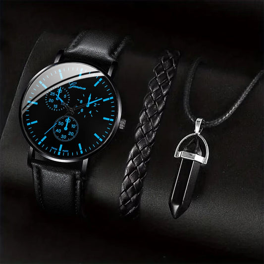 3 pieces/set Men's Business Watches Casual Leather Strap Analog Quartz Watch for Men Necklace Bracelet Set