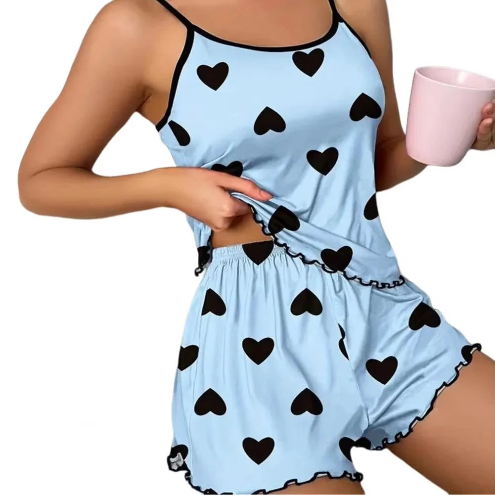 Conjunto de pijama para mujer, camisetas y pantalones cortos, camiseta rosa con estampado de corazón, cuello redondo, top de seda helada, cómodo e informal, verano