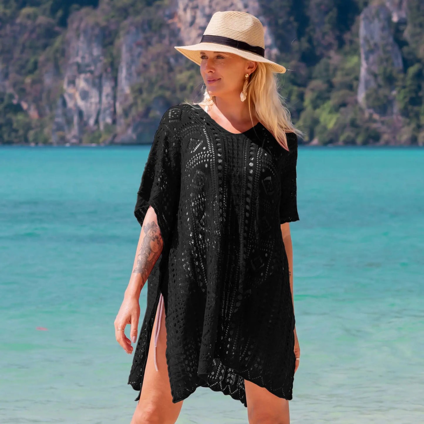 Robe tunique longue crochet blanc tricoté — plage, paréo, bikini, cache-maillot, 2025