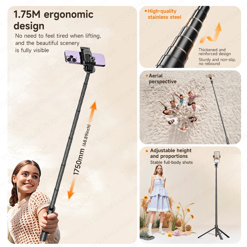 TOKQI TT03 — Perche à Selfie Extensible 1.76m Ouverture Auto Télécommande Magnétique