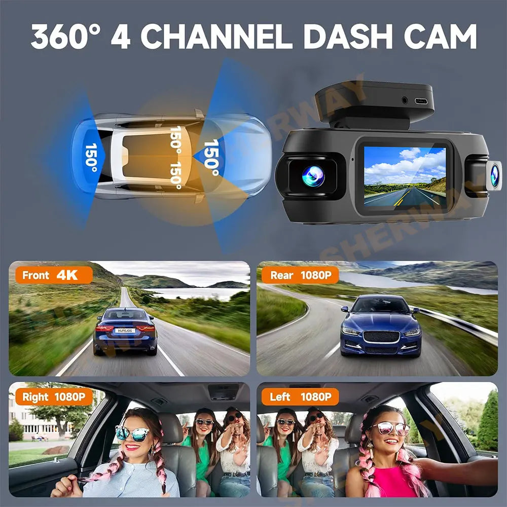 4K 4-Channel 360° Car Dash Camera 4 Lens 1080p Front Left Right Rear Car DVR Built-in Wifi GPS WDR Night Vision Camera