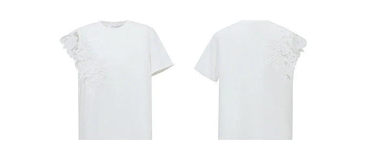 T-shirt femme 2026 été — col rond, coton, anti-transpiration, dentelle asymétrique, ample, manches courtes