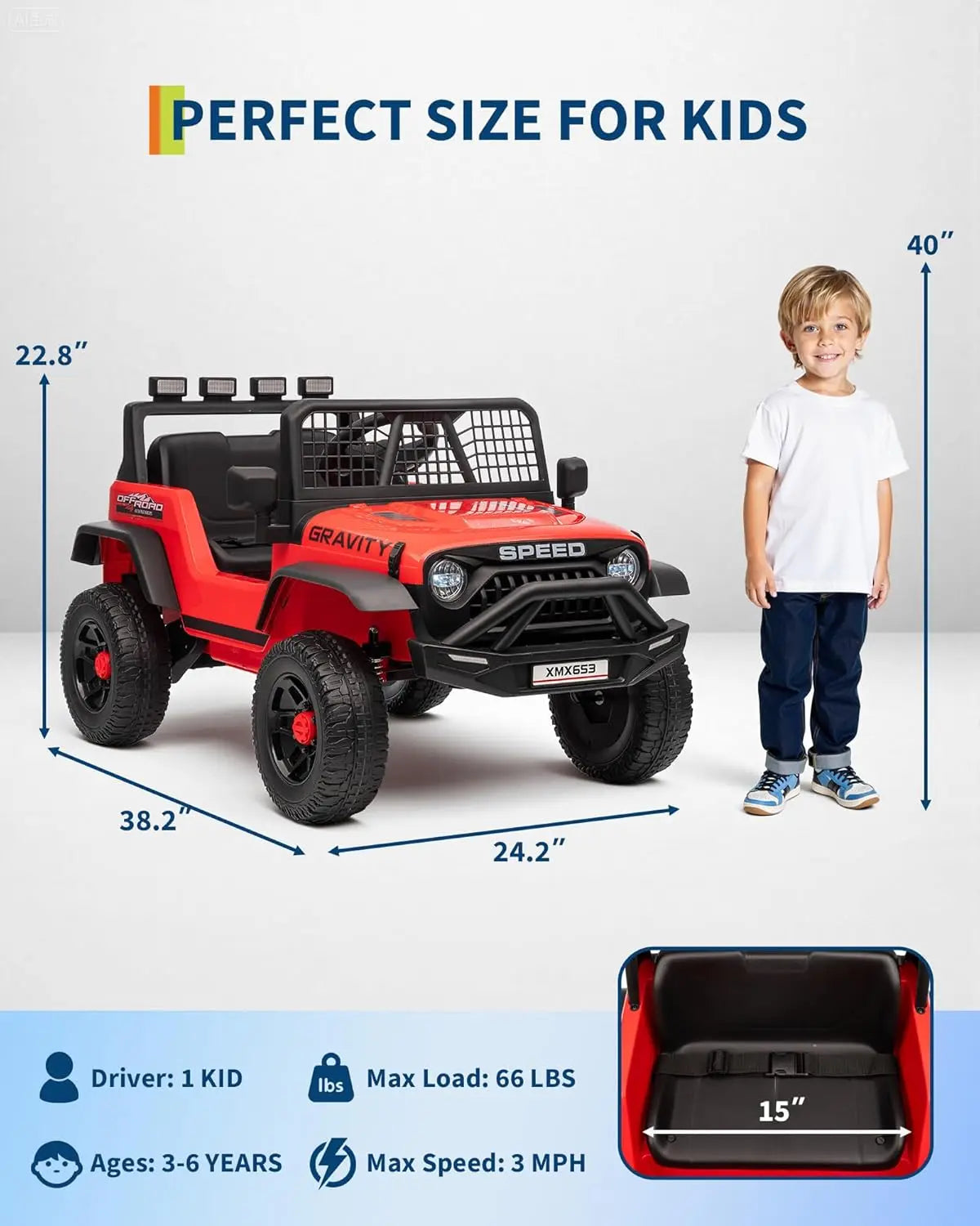 12V Kids Ride-On Truck with Remote Control, 3 Speeds, Emergency Brake, LED Lights, Music and Horn, Electric Car for Kids