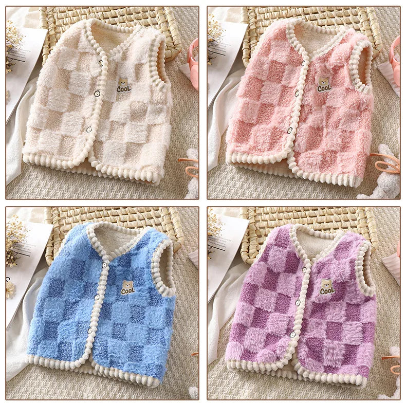 Chaqueta polar para niños, chaleco cálido de doble capa con estampado a cuadros, para niños y niñas, ropa de abrigo sin mangas para otoño e invierno