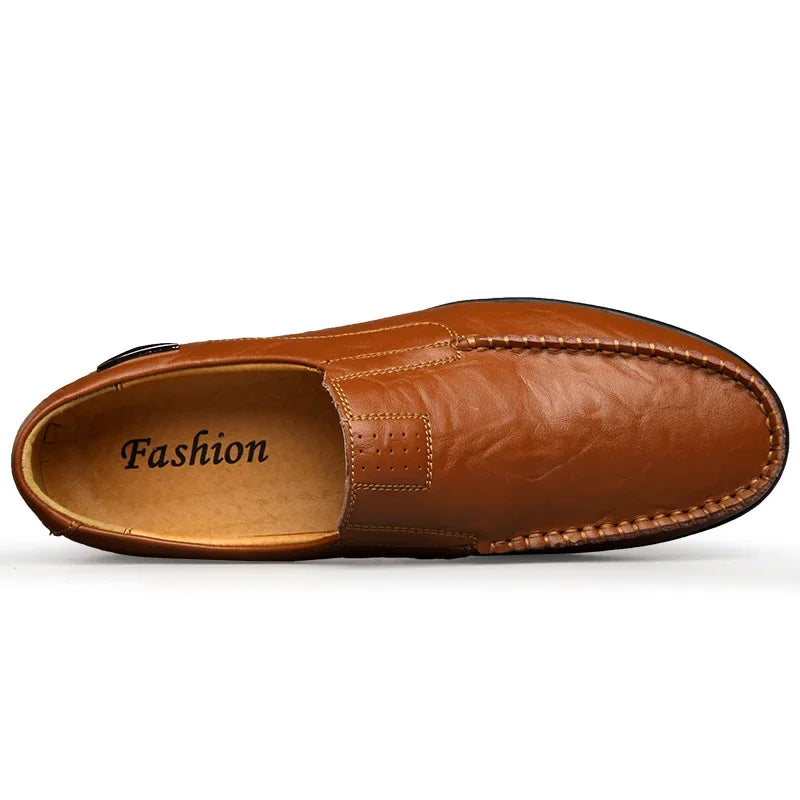 Men's Genuine Leather Casual Breathable Slip-On Black Driving Shoes, Plus Size 46, 2023
