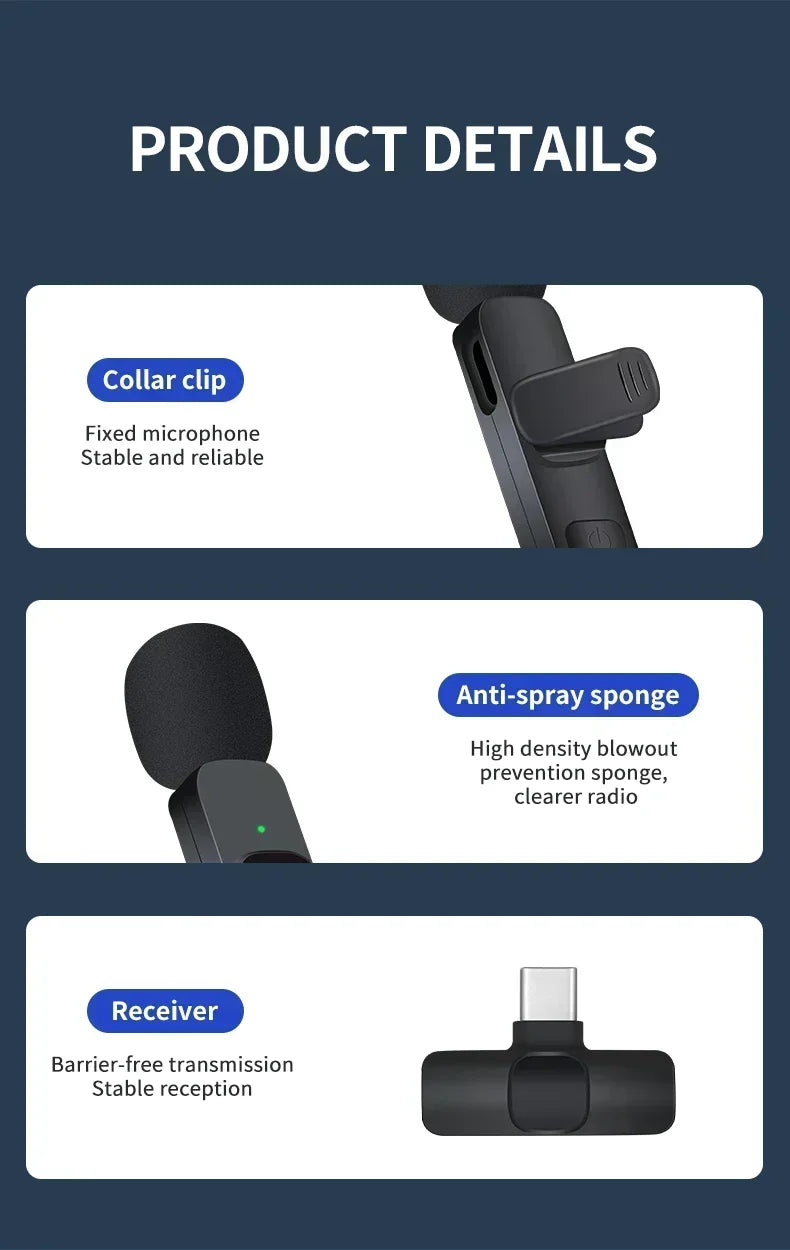 Micro Lavalier Sans Fil Portable — Diffusion en Direct, Enregistrement Audio/Vidéo, iPhone & Android